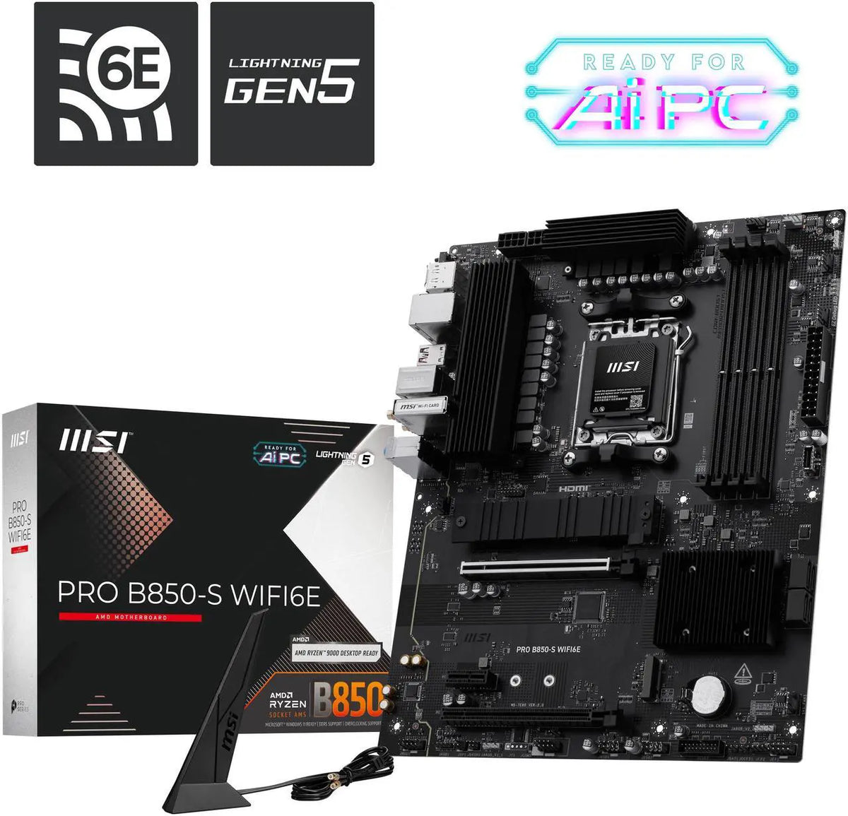 MSI PRO B850 ATX AM5 motherboard full top down overview showing heatsinks black PCB and socket