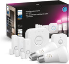 Philips Hue Secure Starter Kit showcase box display layout showing contact sensors motion sensor bulbs and bridge