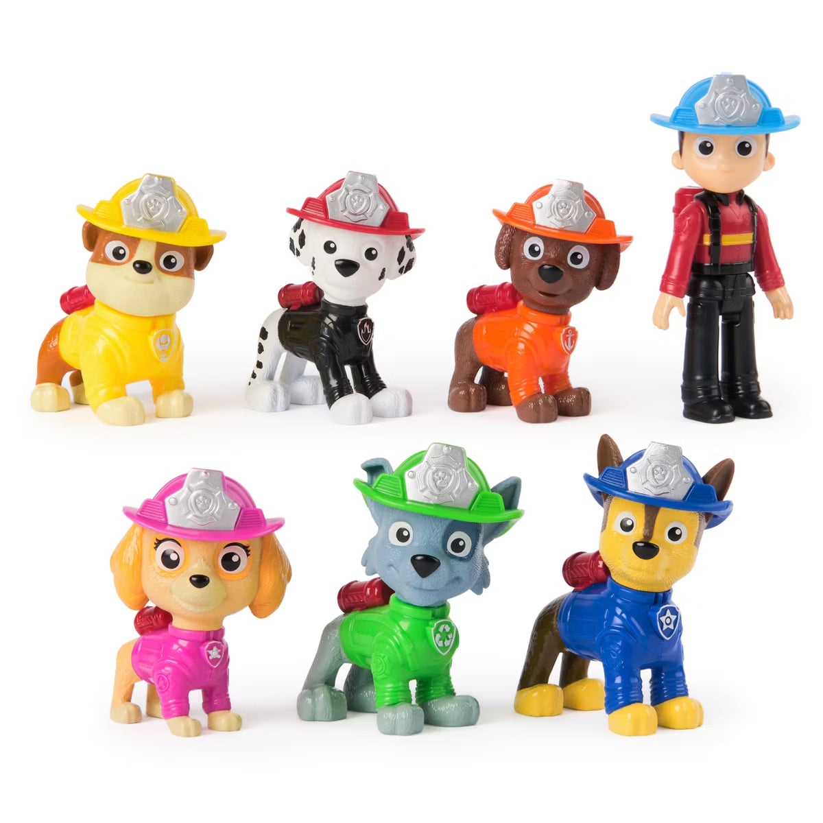 PAW Patrol Fire Rescue Team Pack containing 7 figures including Ryder and the 6 main pups in fire uniforms