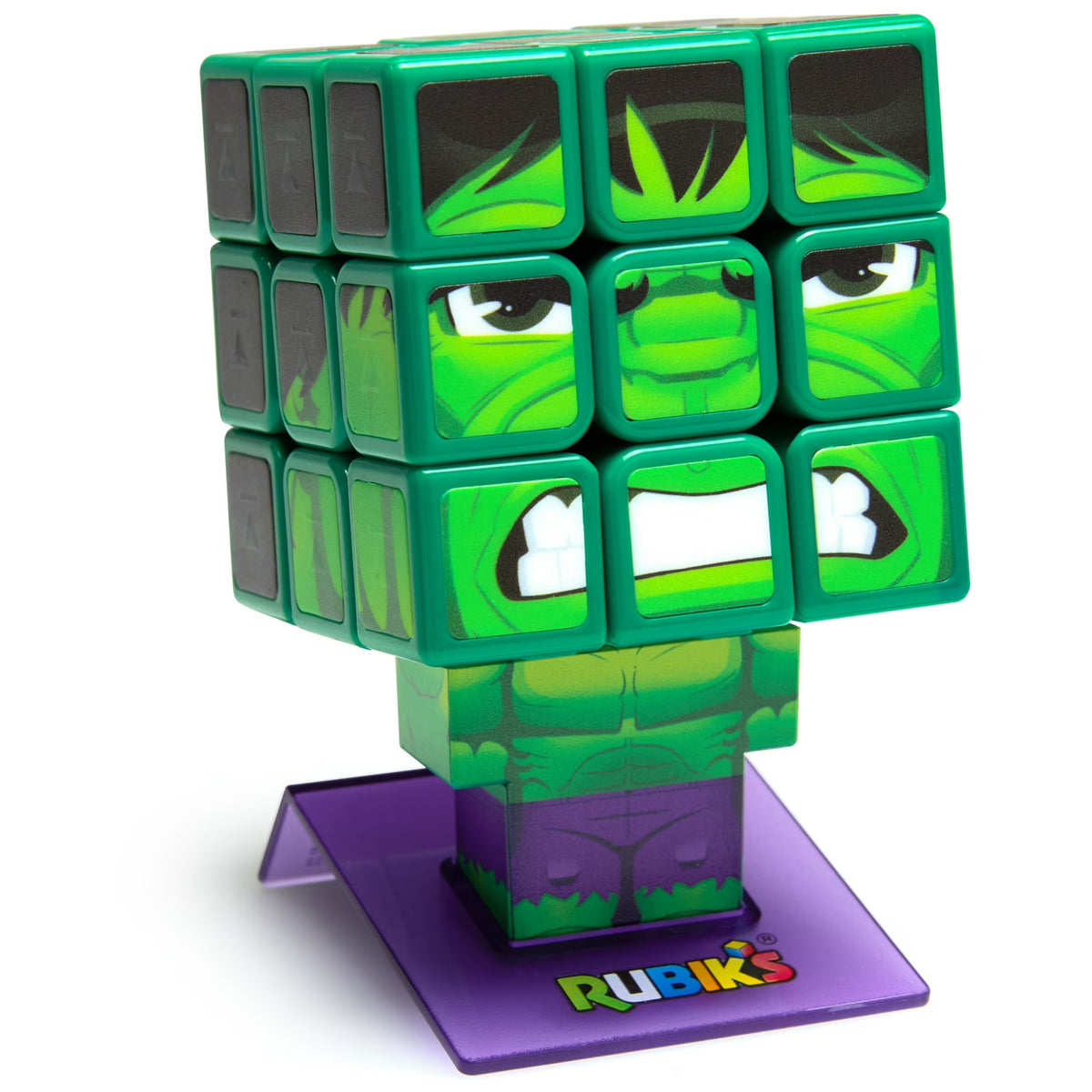 Rubiks x Marvel Cubers 3x3 Hulk character puzzle cube fully assembled on display stand