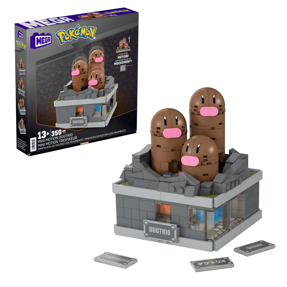 MEGA Pokemon Mini Motion Dugtrio building toy set 350 pieces fully assembled display view