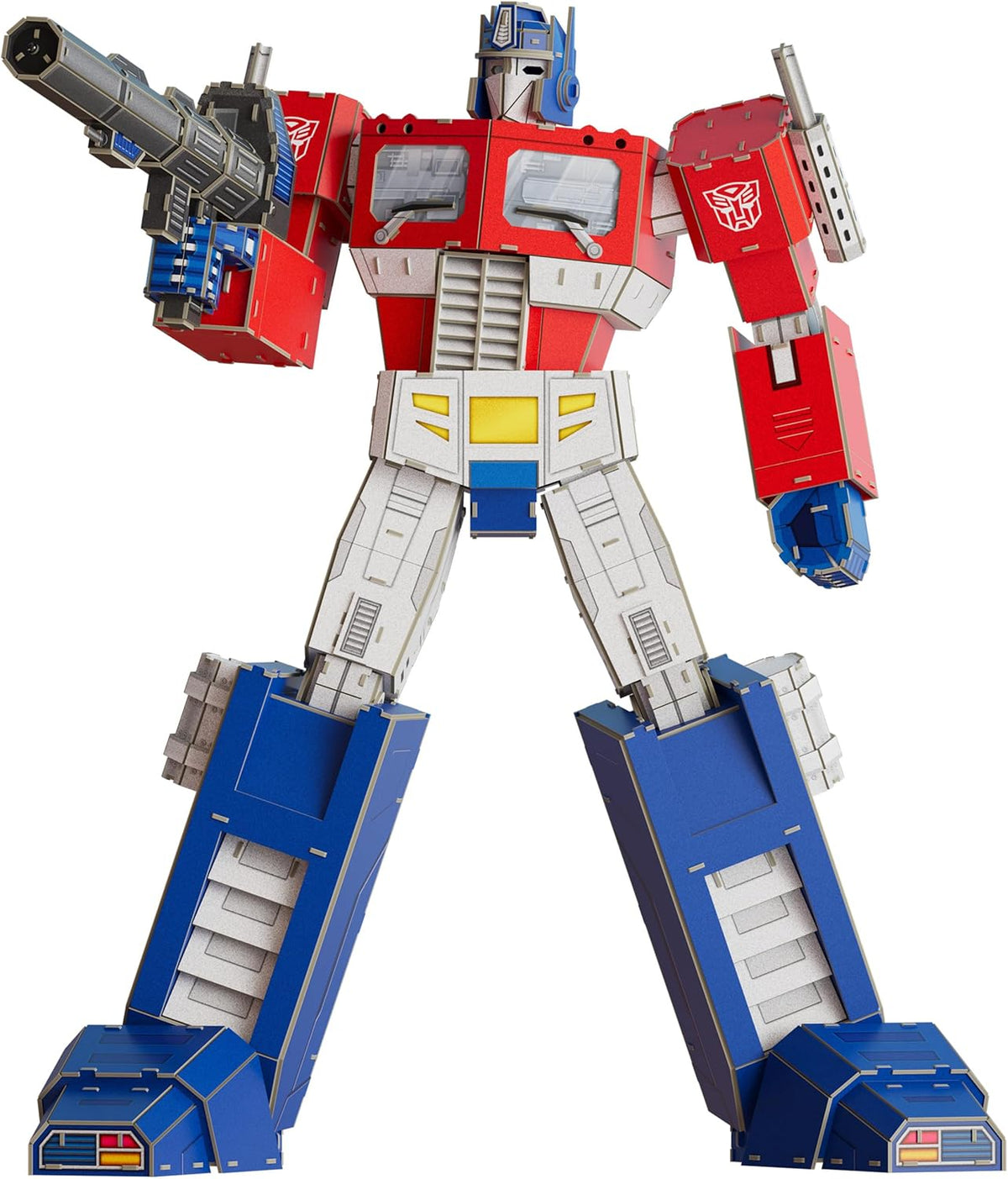 4D Build Transformers Optimus Prime 3D model kit fully assembled with glowing LED lights on display stand