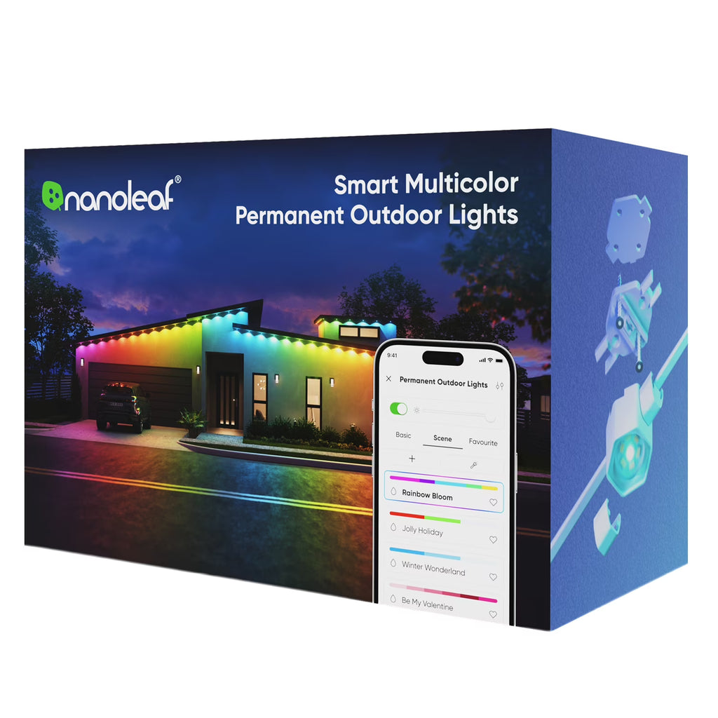 Nanoleaf Permanent Outdoor Lights 16.4ft Expansion pack layout showing the RGBICW LED pucks strand