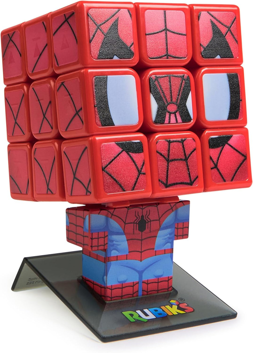 Rubik's Cube Spider-Man Cuber fully solved and mounted on its official character display body and stand