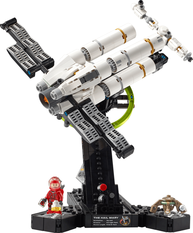 LEGO Icons Project Hail Mary starship model kit fully assembled on museum display stand