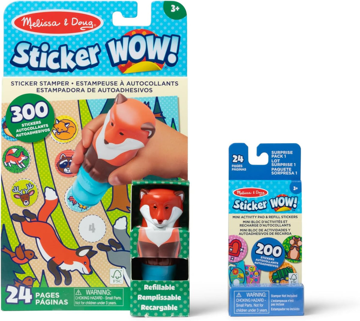 Melissa and Doug Sticker WOW Fox Bundle showing Pepper the Fox stamper activity pads and refill pack