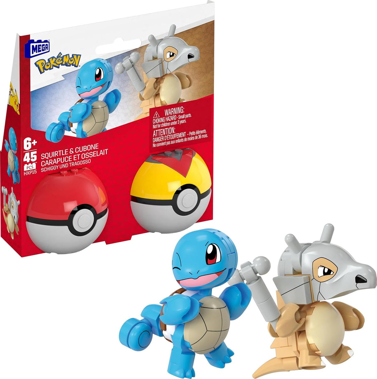MEGA Pokemon Squirtle and Cubone building toy 2 pack fully assembled on top of Poke Balls