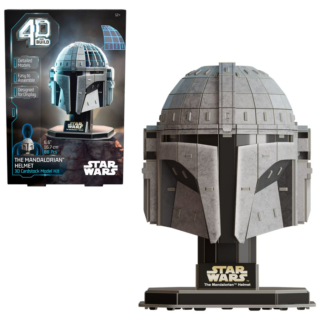 4D Build Star Wars The Mandalorian Helmet 3D paper model kit fully assembled on display stand
