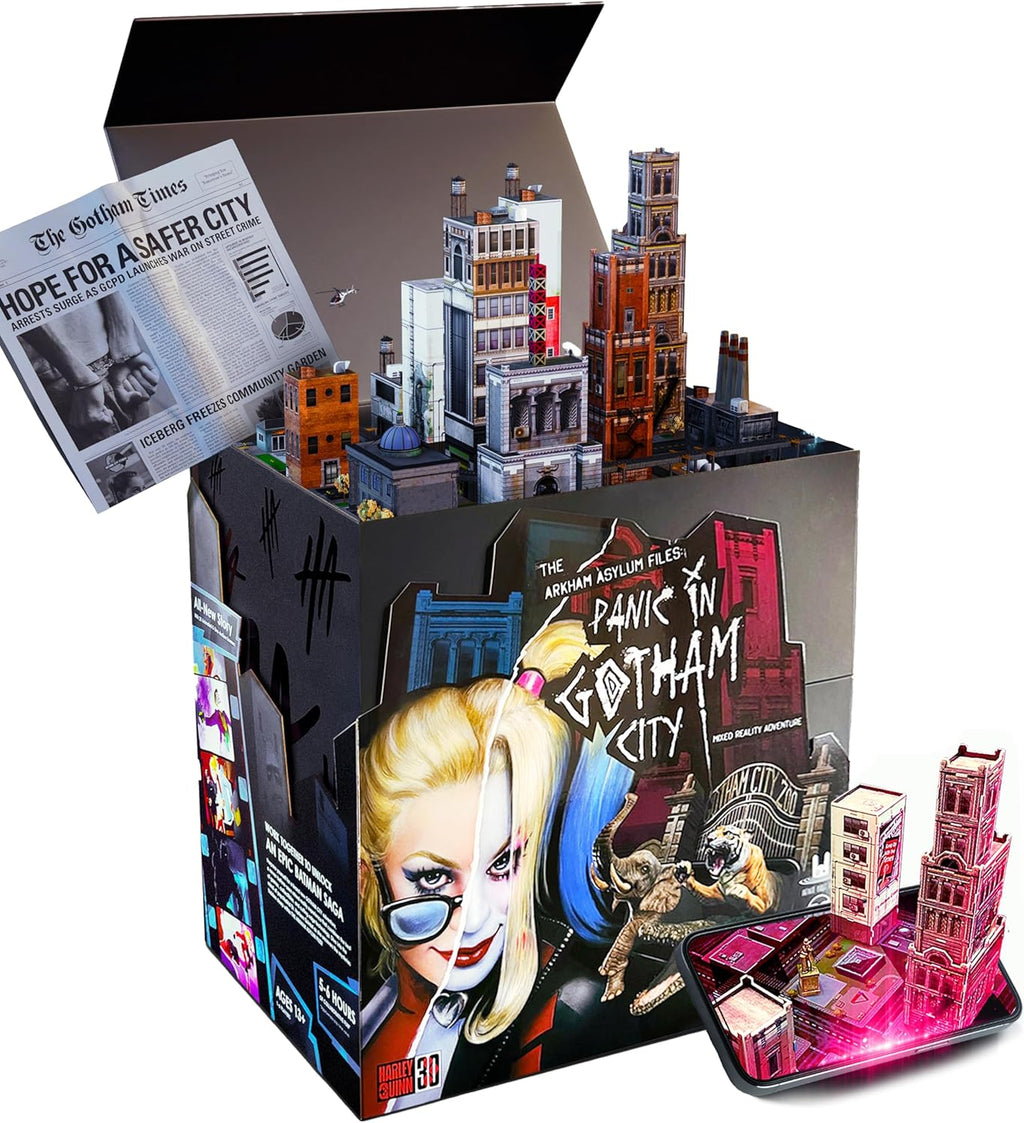 The Arkham Asylum Files Panic in Gotham City premium augmented reality AR board game box content layout