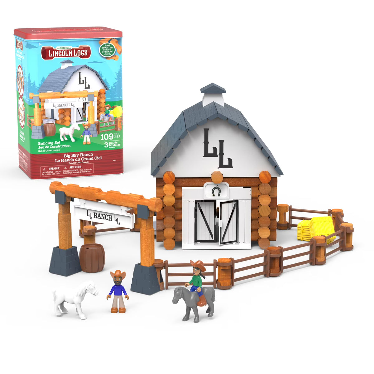 Lincoln Logs Big Sky Ranch building set fully assembled with wooden barn stables and figures