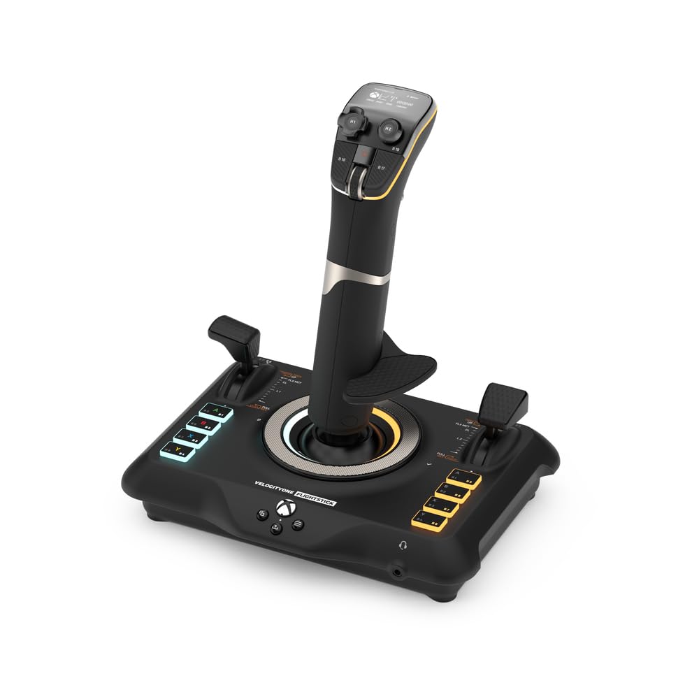 VelocityOne Flightstick universal simulation controller joystick standing vertically displaying the OLED panel