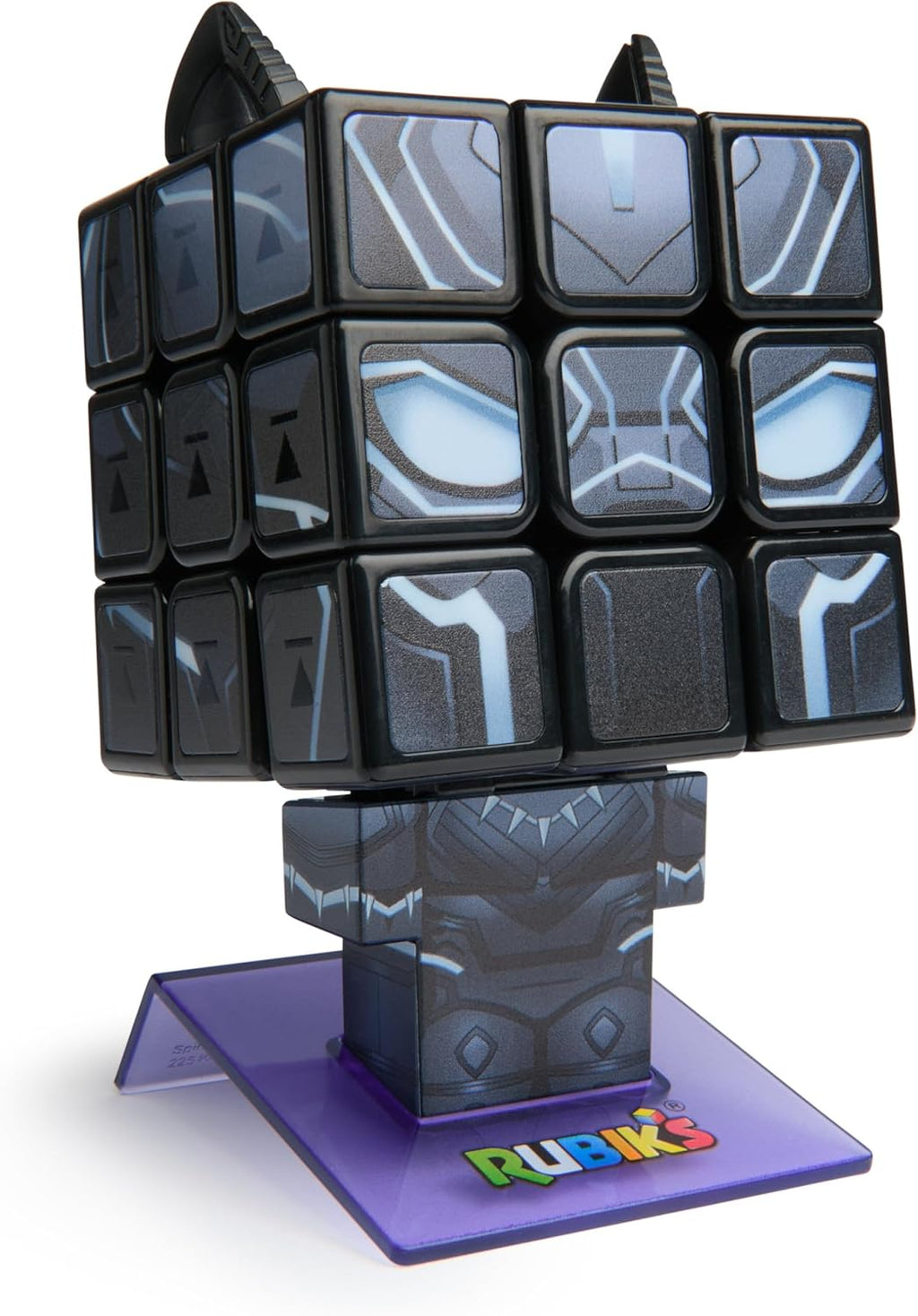 Rubik's Cube Black Panther Cuber fully solved and mounted on its official character display body and stand with ears attached