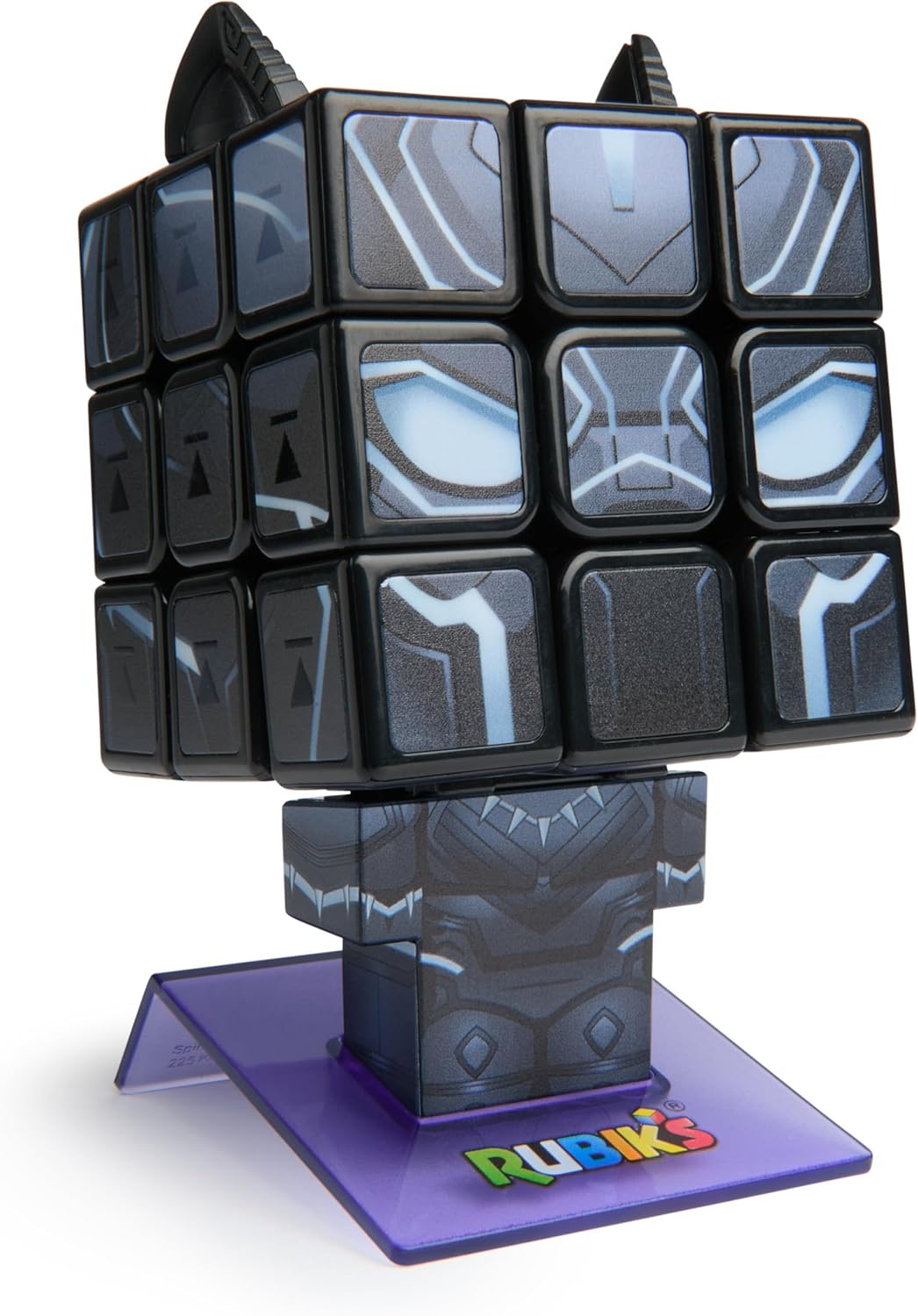 Rubik's Cube Black Panther Cuber fully solved and mounted on its official character display body and stand with ears attached