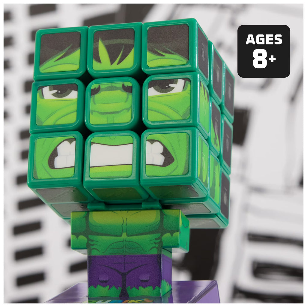 Hands twisting and turning the Marvel Cubers Hulk 3x3 puzzle figure showcase mechanism