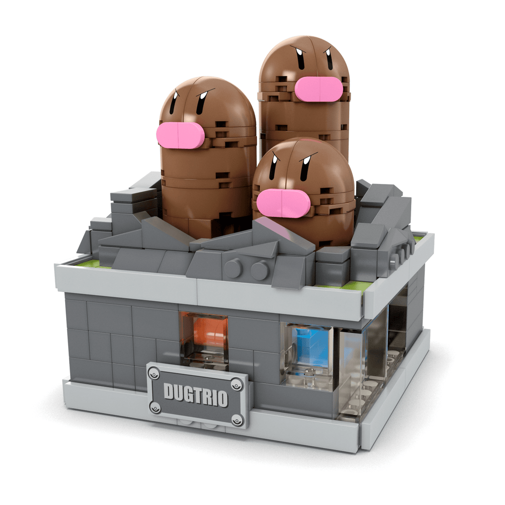 Close up of hand pressing hidden mechanical button to activate MEGA Pokemon Dugtrio motion feature