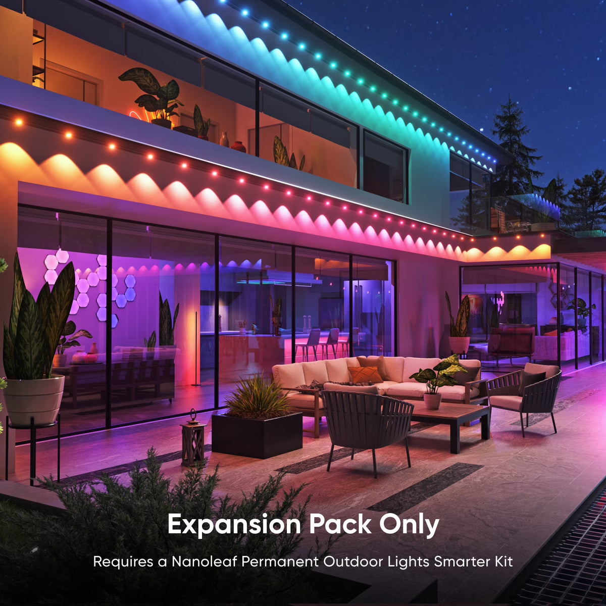 The smooth multi color anti glare wall wash lighting effect running along a home exterior roofline