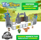 The full 84 piece layout of geometric tiles animal magnets and human figures outside the box