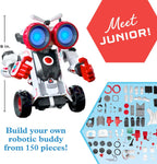 A child using a tablet screen with block based visual coding to program the Junior robot movements