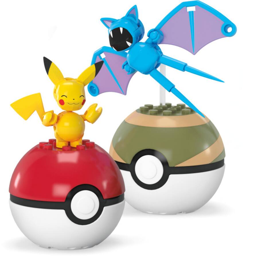 Close up of buildable Zubat hovering on clear display peg over buildable Pikachu figure