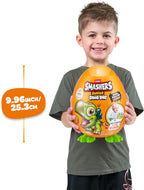 Preschool child smashing open the large green ZURU Smashers Jr dinosaur egg on floor