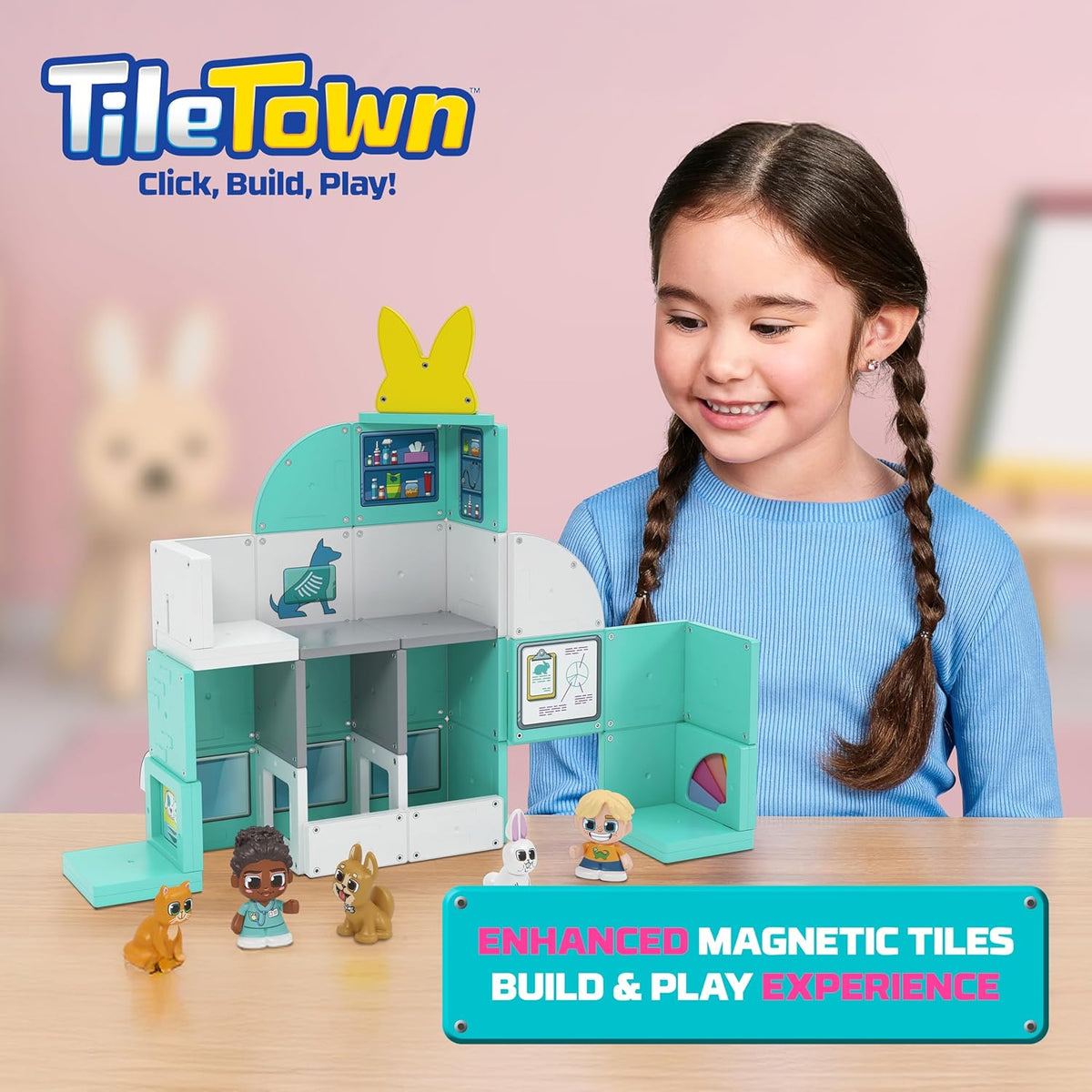 Tile Town Pet Vet Magnetic Tiles Set - 48-Piece Interactive Pet Clinic STEM Building Toy Kit
