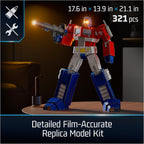 Close up of the illuminated eyes and chest armor pieces of the 321 piece Optimus Prime puzzle