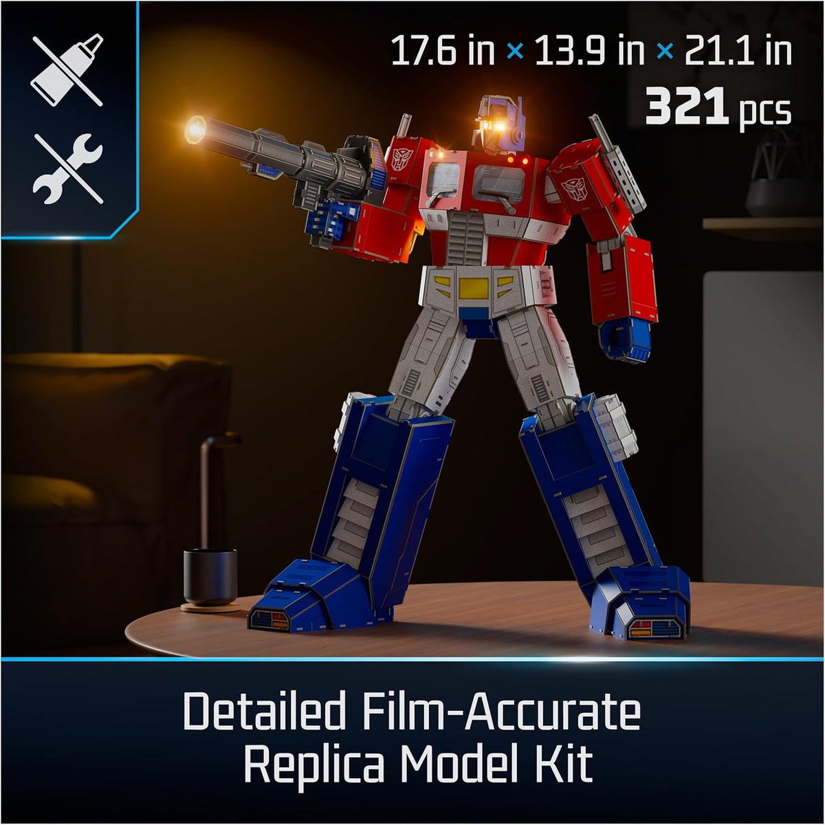 Close up of the illuminated eyes and chest armor pieces of the 321 piece Optimus Prime puzzle
