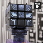 Hand twisting and rotating the graphical 3x3 black and silver segments of the Marvel Black Panther Rubik's Cube puzzle