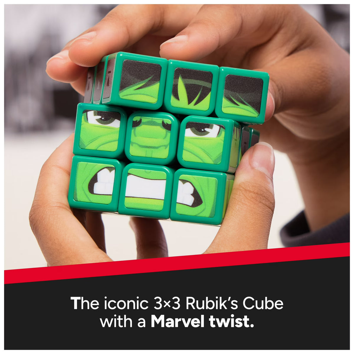 Official window box packaging for Spin Master Rubiks Marvel Cubers Hulk puzzle toy