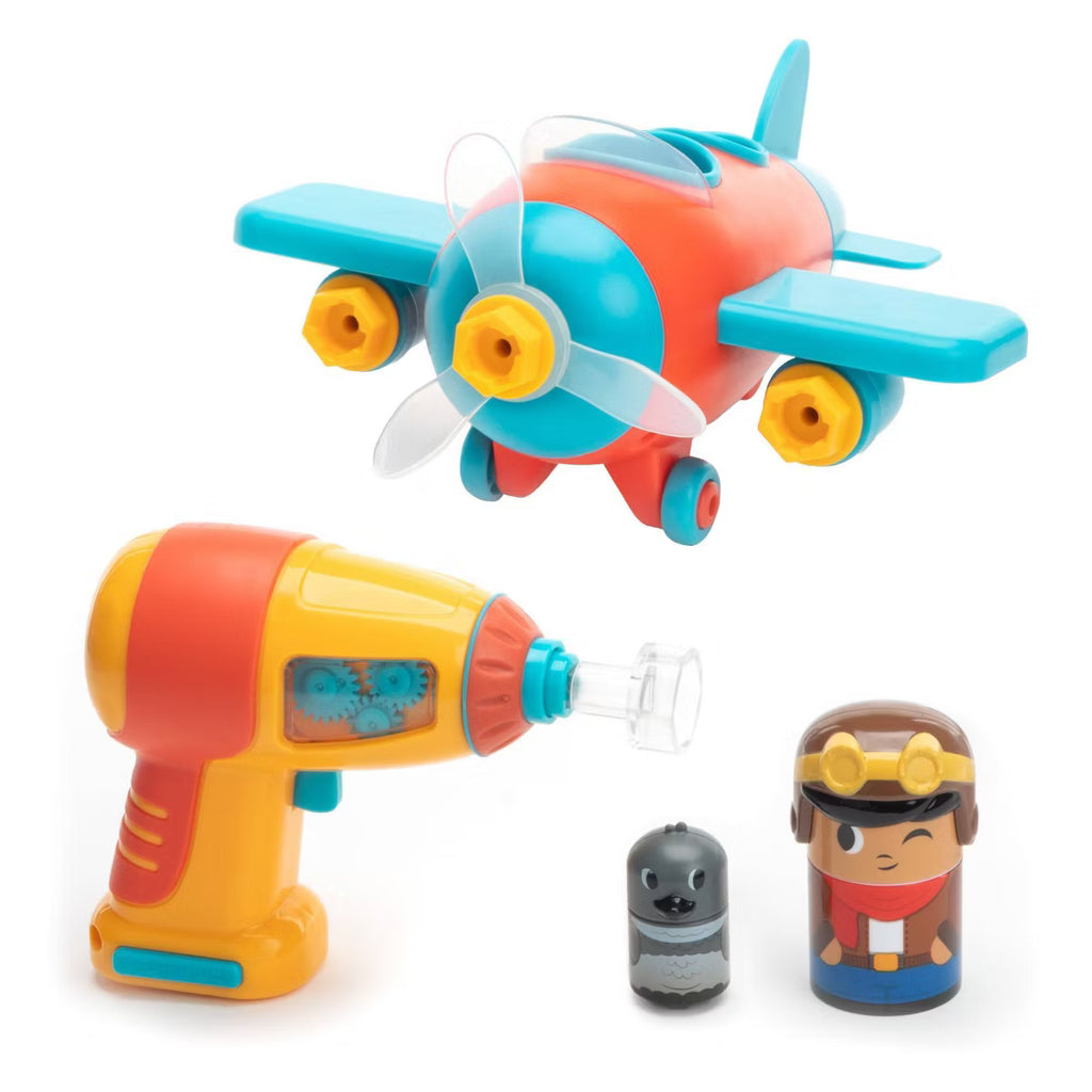 Pilot Bolt Buddy figure and goose co-pilot next to translucent bolts and toy wrench tool