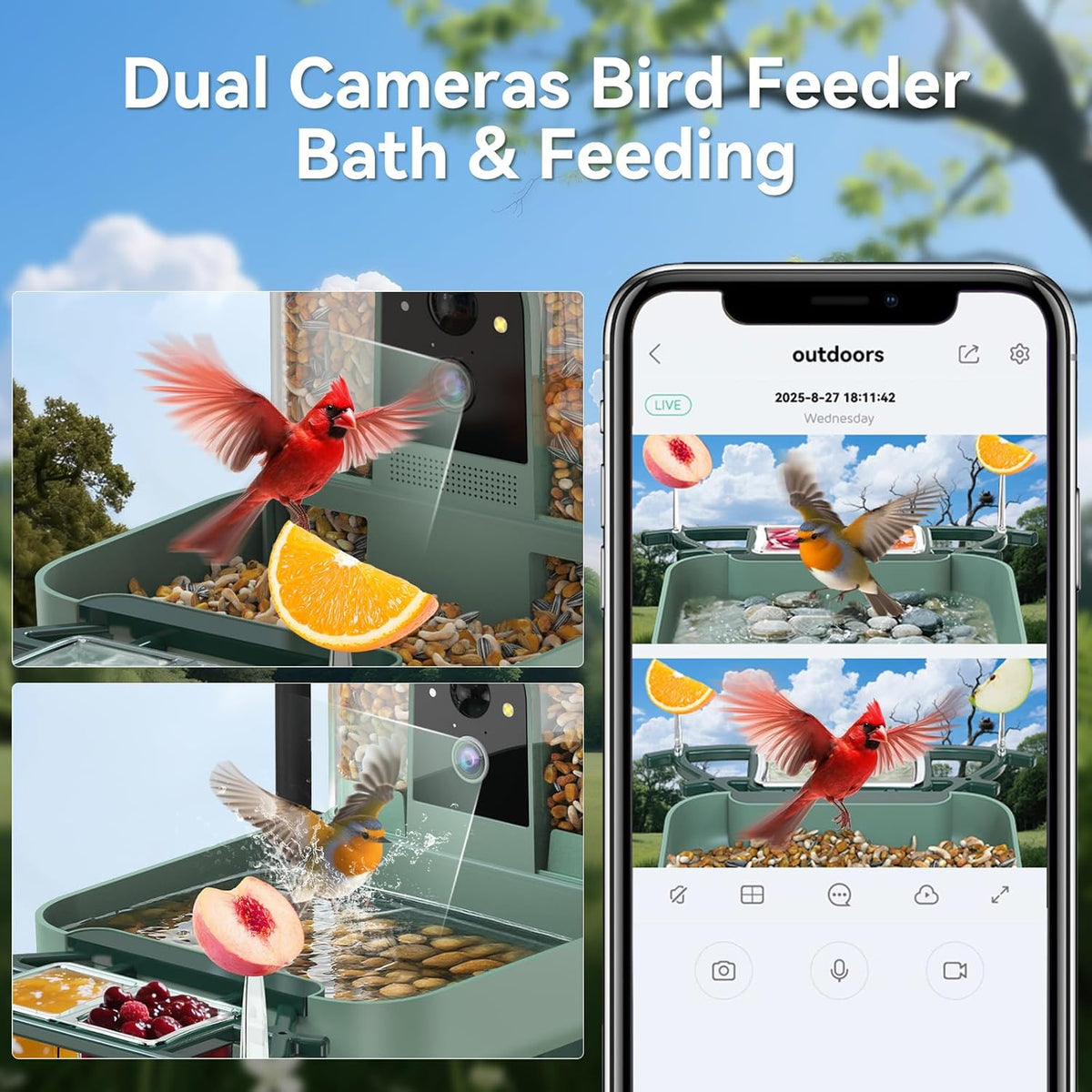 KUIKEO Smart Bird Feeder and Bath 2-in-1 with Dual 2K HD Cameras