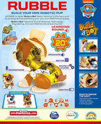 Click and snap pieces showing how to build the PAW Patrol Rubble robot building kit