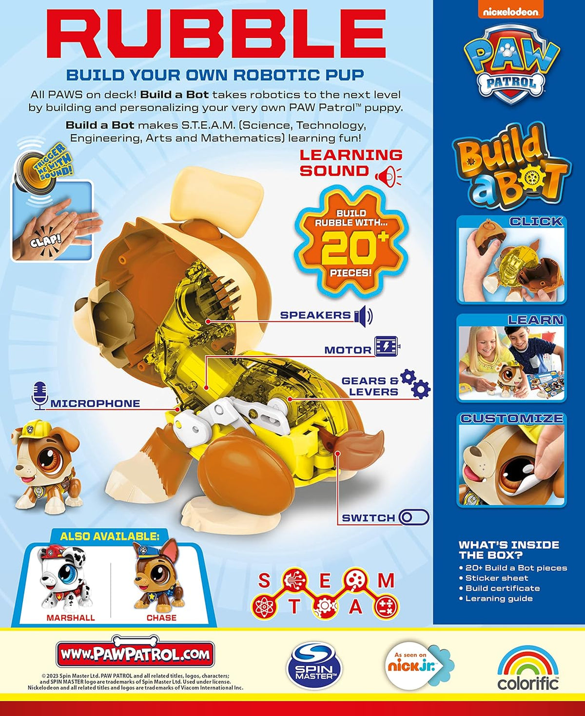 Click and snap pieces showing how to build the PAW Patrol Rubble robot building kit