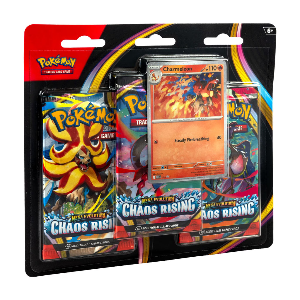 The three individual Chaos Rising booster packs featuring Mega Greninja ex art design graphics