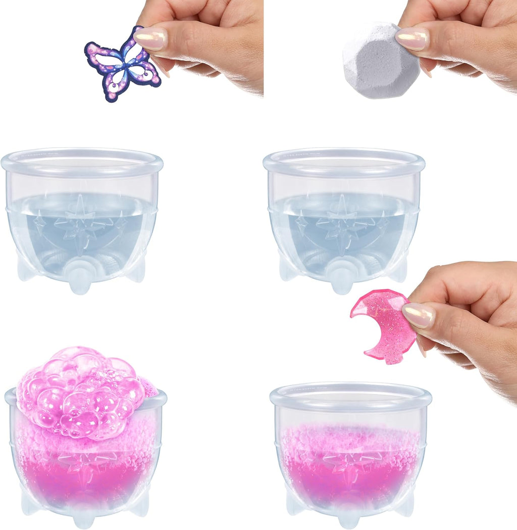 A child pouring potion liquid into the magic mirror to activate the electronic unboxing sequence