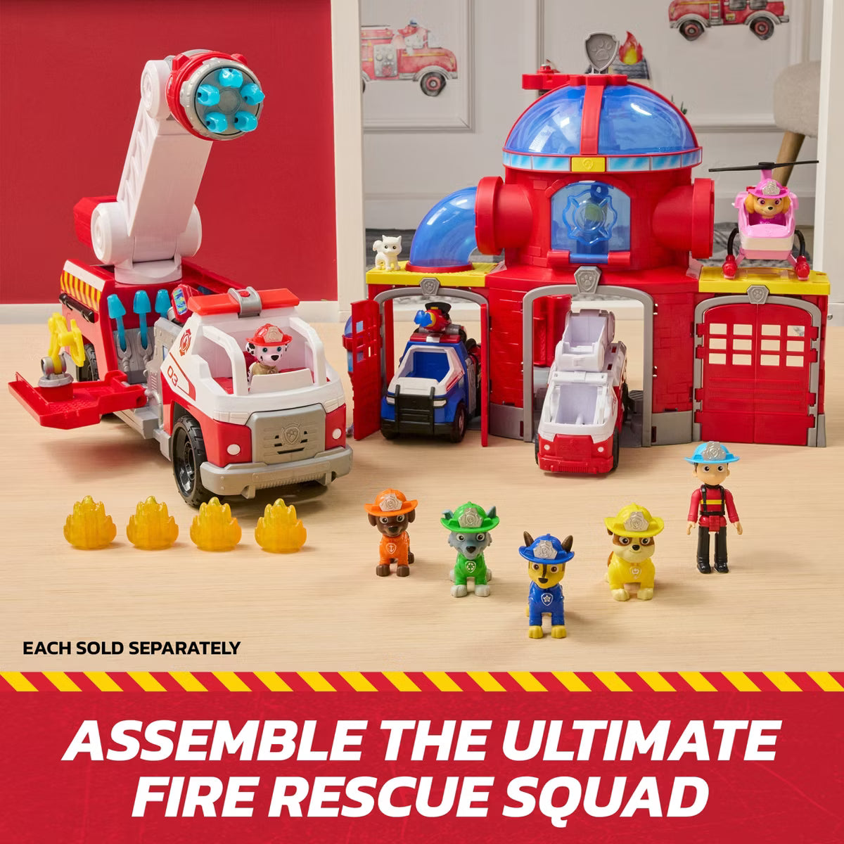 The 6 PAW Patrol pups Chase Marshall Skye Rubble Rocky and Zuma standing ready for a rescue mission
