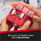 Hand twisting and rotating the graphical 3x3 segments of the Marvel Spider-Man Rubik's Cube puzzle