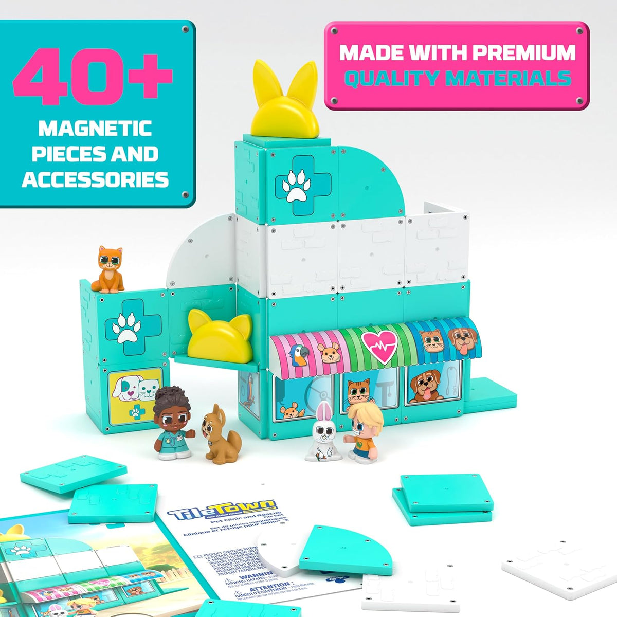 Tile Town Pet Vet Magnetic Tiles Set - 48-Piece Interactive Pet Clinic STEM Building Toy Kit
