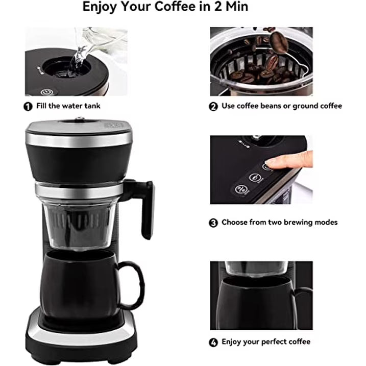 The sleek JAVASTARR compact grind and brew coffee maker sitting elegantly on a clean modern kitchen countertop