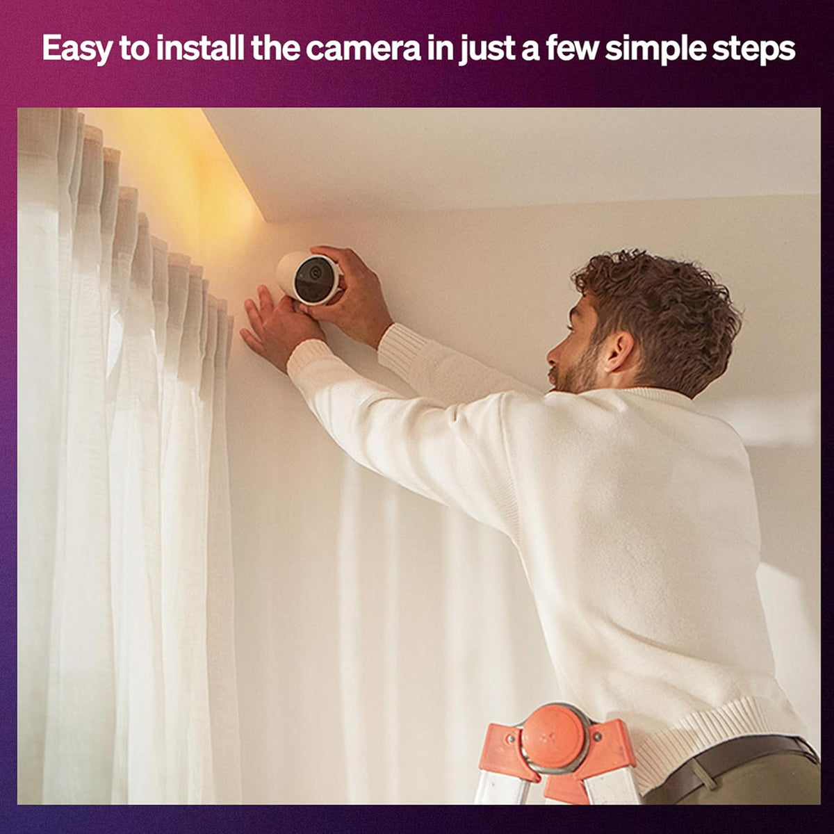 Close up of the slim white Philips Hue contact sensor mounted cleanly on a home window frame border