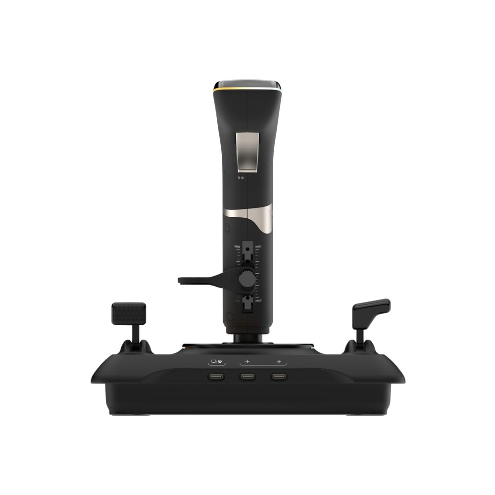 Gamer hand maneuvering the high precision non contact main axes joystick during a flight simulator session