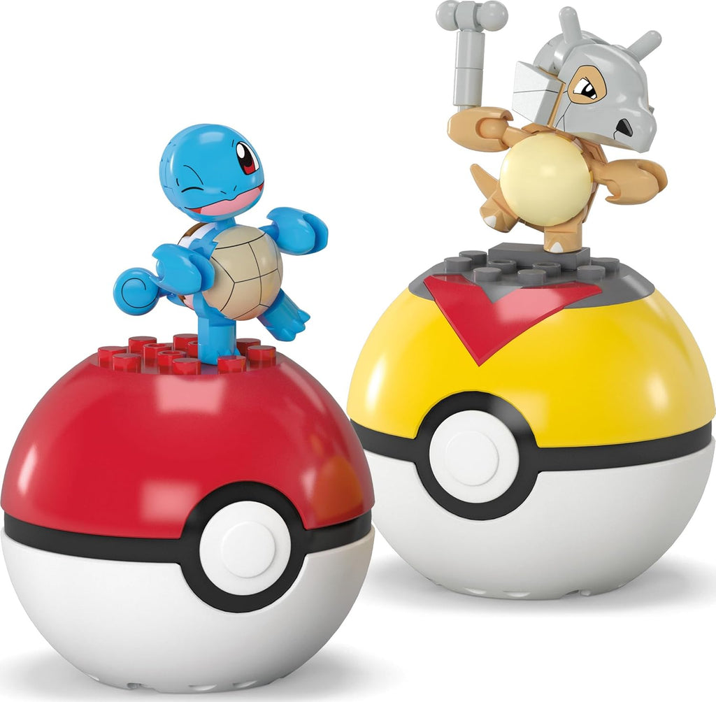 Close up of buildable Squirtle and Cubone figures showcasing movable joints and battle poses