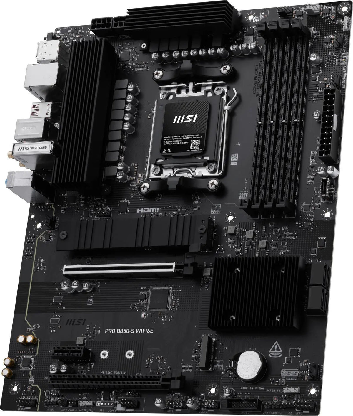 Rear input output panel ports of the MSI PRO B850 motherboard showcasing 2.5G LAN USB and Wi-Fi antenna terminals