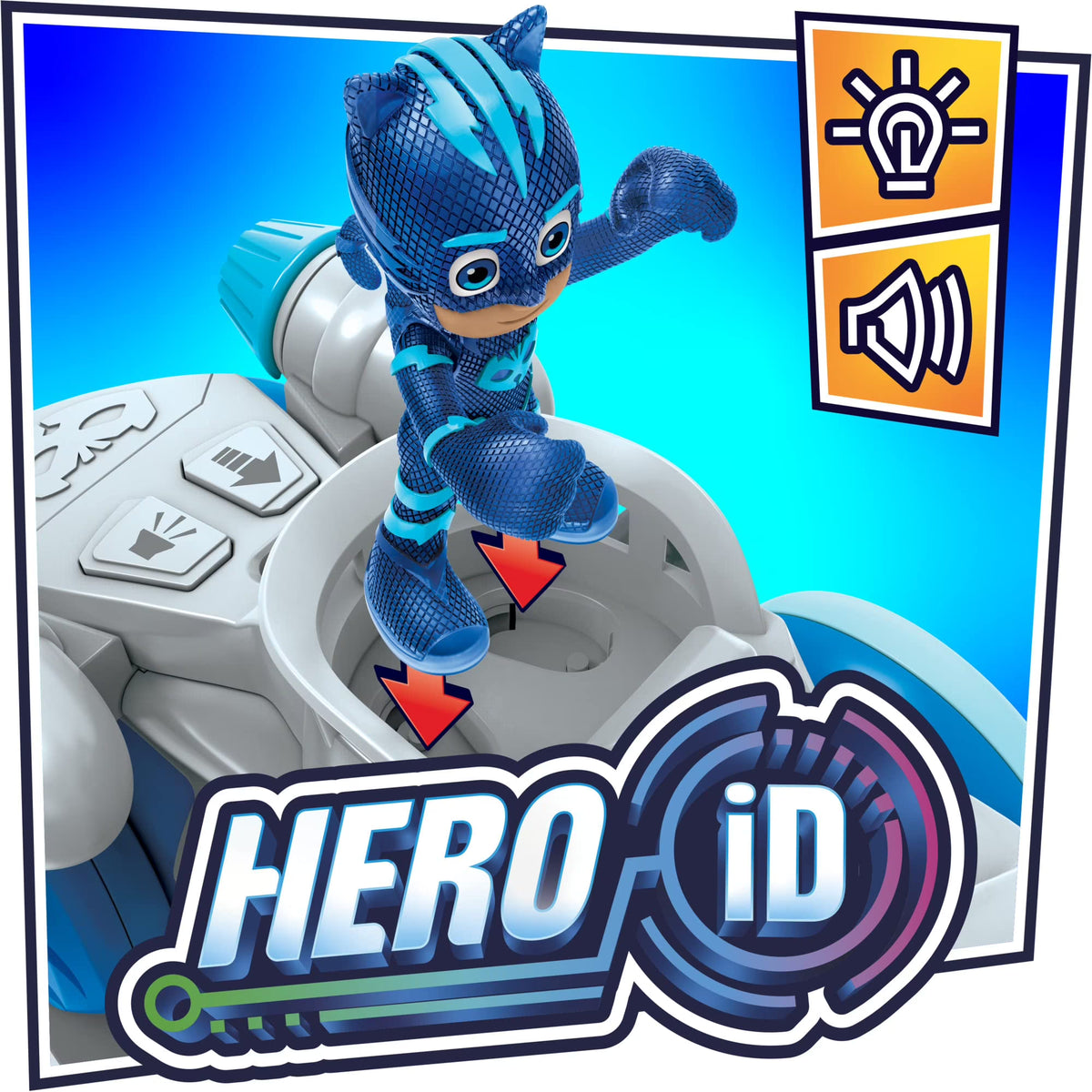 Close up of 3 inch poseable Catboy figure sitting in the saddle of PJ Masks Power Cat toy