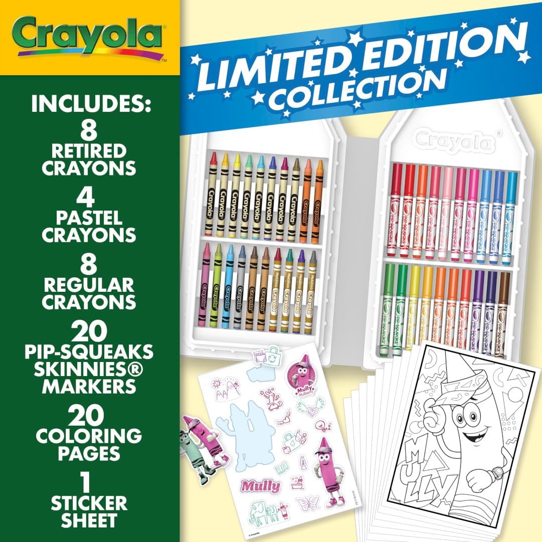 Sleek metallic lid view of the collectible Crayola limited edition 50 piece art supply storage tin