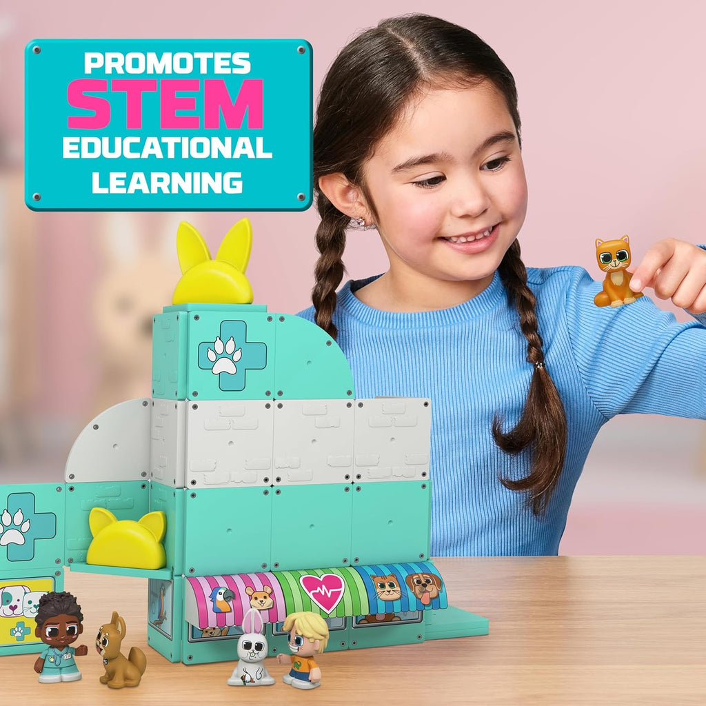 The 5 included Tile Town figures including the pet doctor kid dog cat and bunny on magnetic tiles