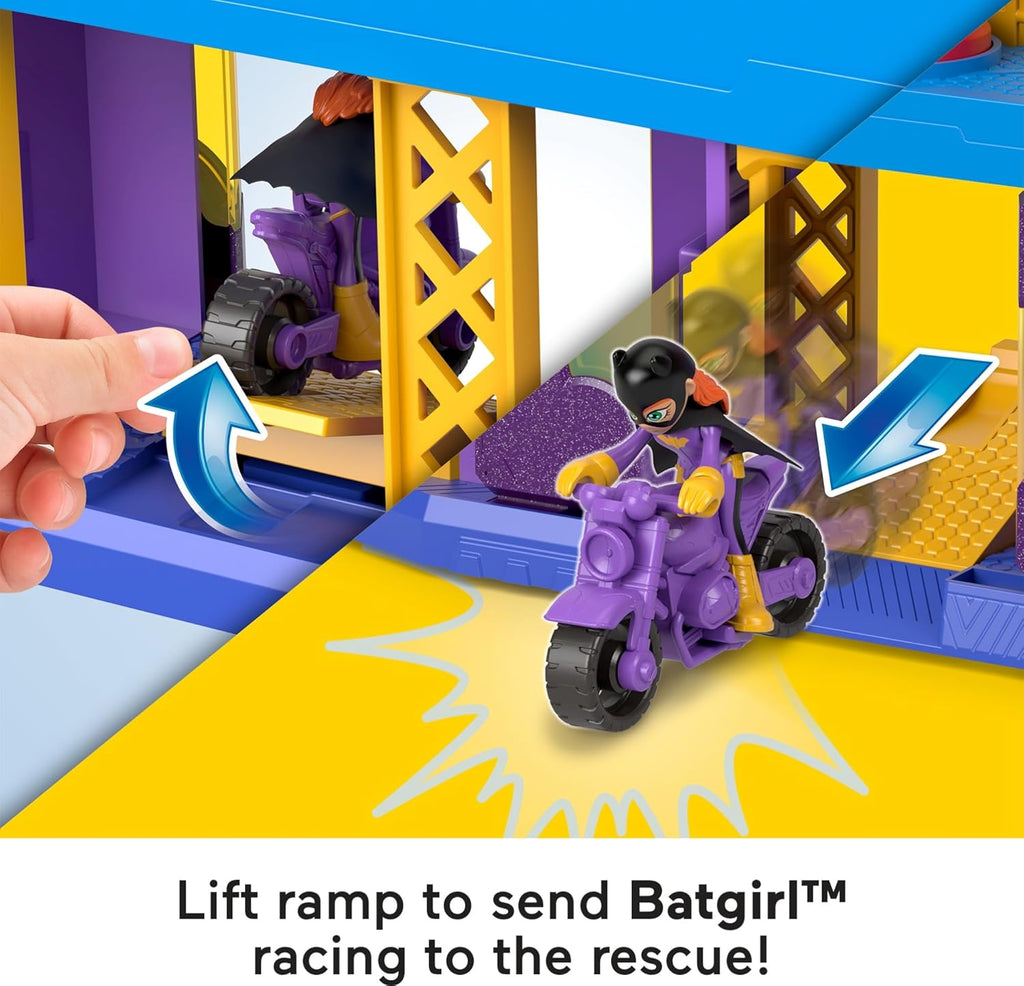 Batgirl poseable figure riding the push along Batcycle vehicle with the attachable Batwing glider mounted on back