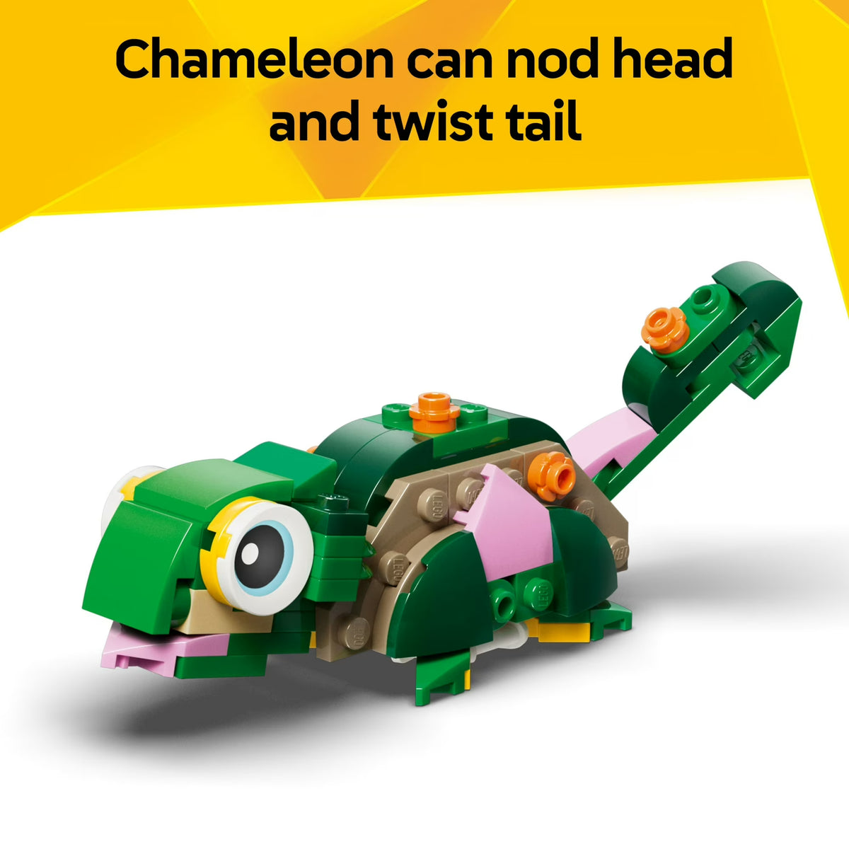 LEGO Creator 31377 set rebuilt into a colorful tropical chameleon figure with adjustable tail