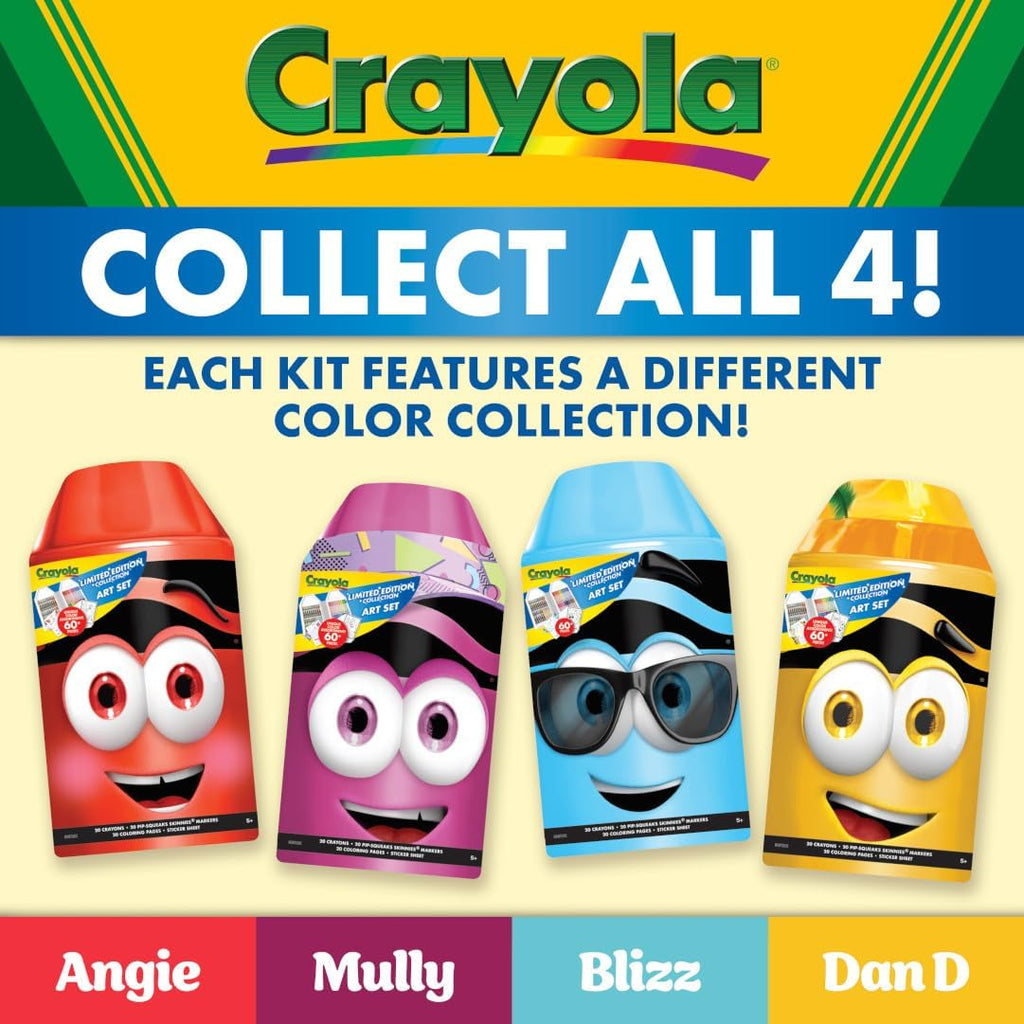 The complete 50 piece layout of Crayola colored pencils and slim markers displayed outside the tin