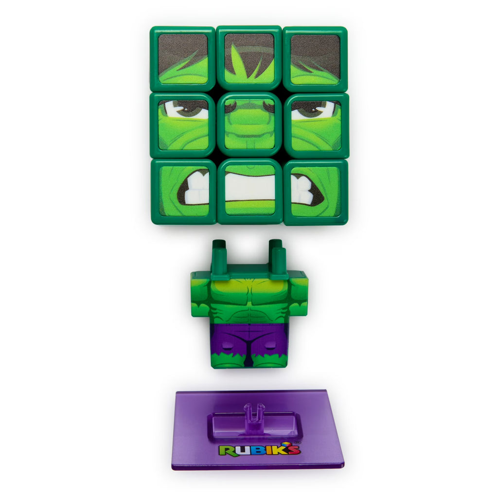 Rubiks Cube Hulk edition 3D shape mod puzzle next to its display stand base
